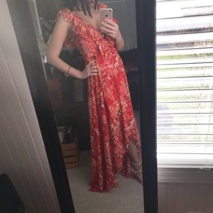 New red floral maxi with ruffle shoulder piece